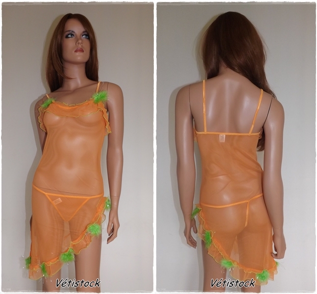 Nuisette sexy orange avec jolis pompons vert